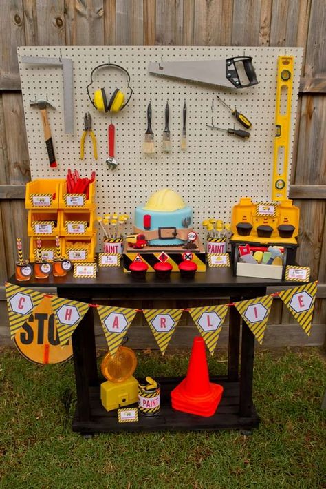 Construction Party | CatchMyParty.com Carpenter Party Decorations, Handyman Party Ideas, Construction Birthday Party Ideas, Tools Birthday Party, Construction Theme Birthday Party, Construction Theme Party, Construction Birthday Party, Construction Ideas, Construction Birthday Parties