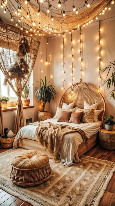 Boho Room Corner, Gold Bed Frame Boho, Boho Bedroom With Canopy Bed, Cozy Lights Bedroom, Boho Bedroom White Furniture, Cottagecore Bedroom Makeover, Cute Boho Rooms, Dream Catcher Room Ideas Bedrooms, Unique Bedroom Lighting