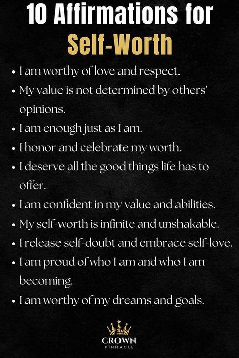 10 Affirmations for Self-Worth Recognize your inherent value with these affirmations for self-worth. Celebrate your uniqueness, embrace self-love, and confidently claim your place in the world. How To Know Your Worth, Self Worth Affirmations, 10 Affirmations, Positive Affirmations For Success, I Know My Worth, Know Your Worth, Success Affirmations, I Am Enough, My Values