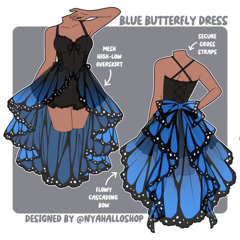 Art Clothes Design, Luna Moth Dress, Art Clothing Ideas, Butterfly Dress Drawing, Sketching Clothes, Clothing Reference Drawing, Butterfly Oc, Butterfly Character, Butterfly Dresses