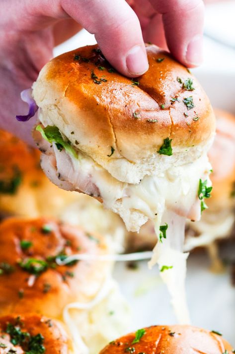 One Pan Turkey Swiss Cheese Melt Sliders | aberdeenskitchen.com Turkey Melt Sandwich Recipes, Sheet Pan Sandwiches, Turkey Buns, Thanksgiving Bites, Slider Ideas, Easy Slider Recipes, Cheese Melt, Slider Sandwiches, Appetizer Sandwiches