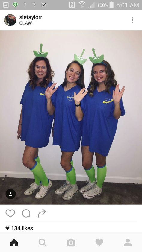 Toy Story Alien Costume, Spirit Week Outfits, Cute Group Halloween Costumes, Bff Halloween Costumes, Best Friend Halloween Costumes, Trio Halloween Costumes, Alien Costume, Duo Halloween Costumes, Holloween Costume