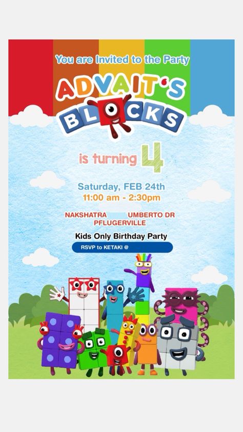 In this Invite, we have included the Numberblocks character from One to Ten. Numberblocks Birthday Party, Numberblocks Birthday, Birthday Invite, Kids Birthday Party, Kids Birthday, For Kids, Birthday Party, Birthday