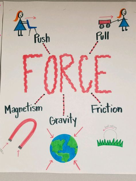 Force Chart Ideas, Science Chart Ideas For Classroom, Force And Motion Bulletin Board, Physics Charts Ideas, Force And Motion Anchor Chart, Forces Activities, Forces Science, Force Science, Science Chart