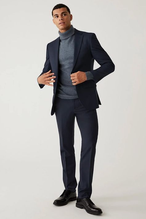 Blue Suit With Turtleneck Men, Gray Turtleneck Outfit Men, Black Leather Shoes Outfit, Elegant Outfits For Men, Navy Suit Outfit Men, Gray Turtleneck Outfit, Grey Turtleneck Outfit, Leather Shoes Outfit, Turtleneck Outfit Men