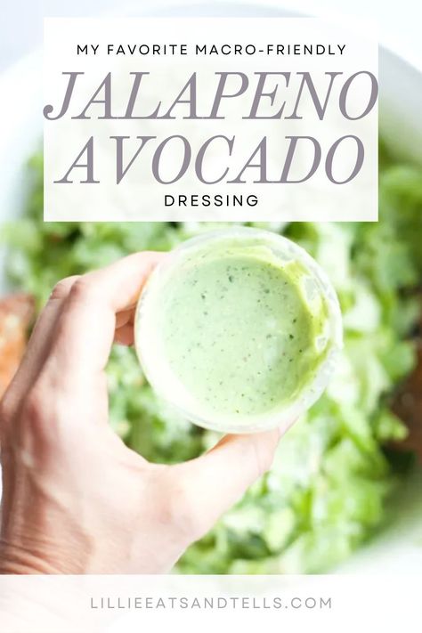 This might be controversial, but macro-friendly recipes don’t have to be boring or some weird protein powder concoction. If you have fitness goals, you still can eat REAL and delicious food. One key component to having yummy-tasting food is SAUCE. Homemade green and herby sauces are pure magic when it comes to adding flavor to your food without adding a bunch of fat. You can add your homemade sauce to bowls, tacos, wraps, salads— to elevate EVERYTHING. Spicy Avocado Dressing, Jalapeno Avocado Dressing, Jalapeño Salad, Avacado Dressing, Avocado Ranch Dressing Recipe, Lillie Eats And Tells, Jalapeno Ranch Dressing, Avocado Dressing Recipe, Creamy Avocado Dressing