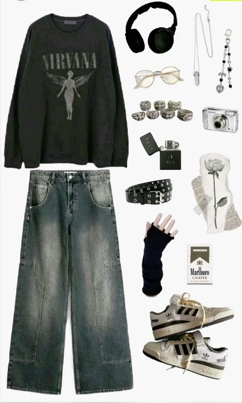 Grunge Outfits All Black, Rockstar Guy Outfit, 90 Grunge Outfits Men, Alt Transmasc Outfits, Layered Grunge Outfits, Emo Skater Outfits, Grunge Clothes Men, Grunge Fit Ideas, Grunge Clothing Style