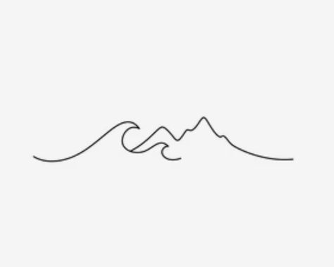 Tattoo Ocean And Mountain, Mountains Waves Tattoo, Wave And Rock Tattoo, Mountain And Sea Tattoo Simple, Mountain To Ocean Tattoo, Mountain Waves Tattoo, Waves Line Drawing, Single Line Mountain Tattoo, Mountains And Beach Tattoo