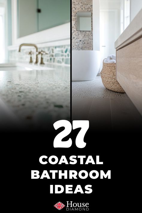 27 Coastal Bathroom Ideas Beach Modern Bathroom, Bathroom With Wood And Marble, Sea Glass Tile Bathroom, Coastal Bathroom Remodel, Restroom Decor Ideas Colors, Coastal Shower Ideas, Seaside Tile Bathroom, Seaglass Bathroom Ideas, Airy Bathroom Ideas