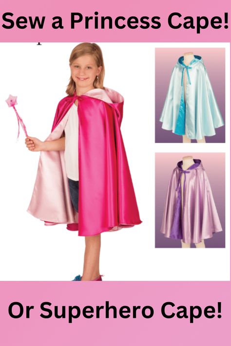 FREE pattern for this adorable easy-to-make Princess Cape or Superhero Cape or Villain Cape! The possibilities are endless! Free cape pattern can be downloaded or printed! So cute and fun to make! Princess Capes Diy How To Make, Diy Kids Dress Up Clothes, Princess Sewing Pattern, Princess Cape Pattern, Kids Capes, Sew A Cape, Free Cape Pattern Sewing, Toddler Cape Pattern Free, Cape Sewing Pattern Free Hooded Cloak