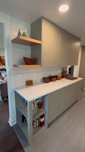 Base Cabinet With Floating Shelves, Kitchen End Cabinet Ideas, End Cabinet Ideas Kitchen, Shelf Under Cabinets In Kitchen, Hood Vent Cover, Kitchen Floating Shelves, Hood Vent, Cabinet Boxes, Low Cabinet