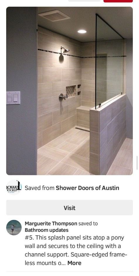 #bathroomdesign #tileideas #homedecor #bathroominspiration #interiordesign #tiling #bathroomremodel #designideas #flooring #walls Partial Shower Wall, Driftwood Shower Wall, Showers Without Doors Tile, Shower Knee Wall Ideas, Shower Cutout Shelf Ideas, Walled Shower Walk In, Pass Through Bathroom, Half Wall Shower Walk In, Large Walk In Shower Ideas