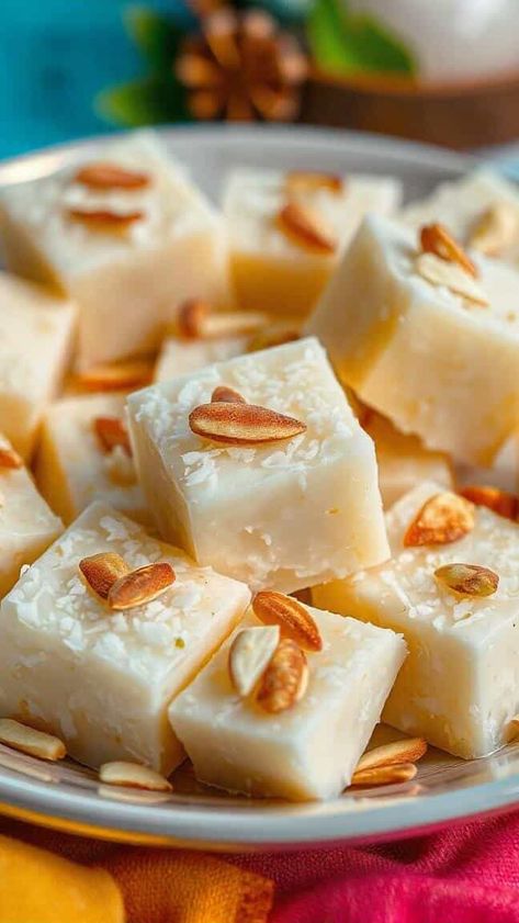 How to Make Indian-Style Fluffy Coconut Barfi in Just 5 Steps Coconut Barfi Recipes, Coconut Barfi Recipe, Coconut Barfi, Barfi Recipe, Diwali Sweets, Cardamom Powder, Indian Sweets, Indian Snacks, Pantry Design