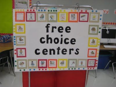 I like this poster for center choice. The students put a clothespin with their name on it on one of the dots, when all of the dots for a center are full they need to make another choice. Saves space and is neat and tidy, Love it! Free Choice Centers, Center Chart, Kindergarten Organization, Center Management, Teaching Organization, Indoor Recess, Classroom Centers, Center Signs, Classroom Organisation