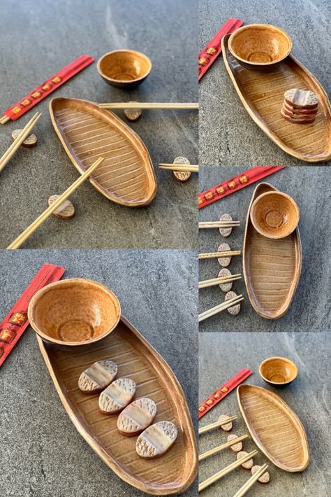 Ceramic sushi plates set, Japanese chopstick, Rest minimal rustic oval sushi platter, Gift for sushi lover, Pottery sushi serving tray set Ceramic Sushi Plate, Sushi Plate Set, Minimal Rustic, Sushi Plates, Sushi Platter, Japanese Chopsticks, Serving Tray Set, Sushi Set, Sushi Plate