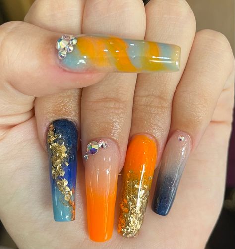 Navy And Orange Nails, Orange And Blue Nails, Nails Marble, Ombre Acrylic, Navy And Orange, Yellow Ombre, Ombre Acrylic Nails, Nails 2021, Orange Nails