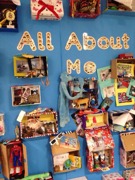 Amazing display made from objects, photos etc in shoe boxes for Early Years topic All About Me. All About Me Ks1 Activities, This Is Me Display Eyfs, Ourselves Topic Early Years All About Me, All About Me Topic Eyfs, Reggio All About Me, Myself Topic Eyfs, Early Years Display Boards, All About Me Display Eyfs, Funnybones Eyfs