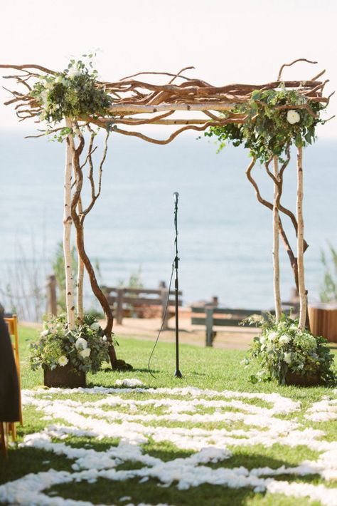 Branches in Del Mar. Photography By / weheartphotography.com, Floral Design By / flowersannettegomez.com Rustic Chuppah, Wood Arbor, Wedding Chuppah, Wedding Arbors, Aisle Flowers, Wedding Mandap, Heart Photography, Salt Air, Wedding Spot