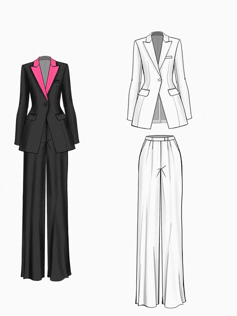 Fashion Flats Sketches, Suit Drawing Reference Woman, Suit Drawing Woman, Costumes Drawing, Seamless Clothing, Croquis Fashion, Detail Couture, Pop Art Fashion, Fashion Design Template