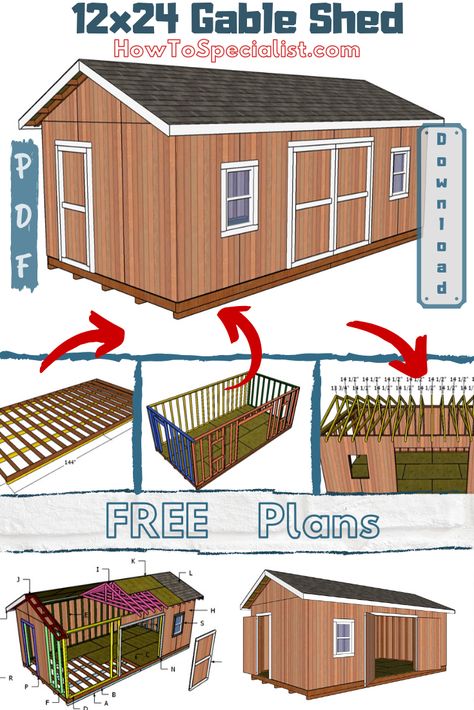 12x24 Shed Plans - Free DIY Plans | HowToSpecialist - How to Build, Step by Step DIY Plans Wood Shed Plans Step By Step, 12x28 Shed House Plans, How To Build A Tool Shed, Garage Shed Plans, Storage Shed Plans 16x20, Diy Sheds Cheap, Free Shed Plans 12x16, She Shed Building Plans, Large Shed Plans