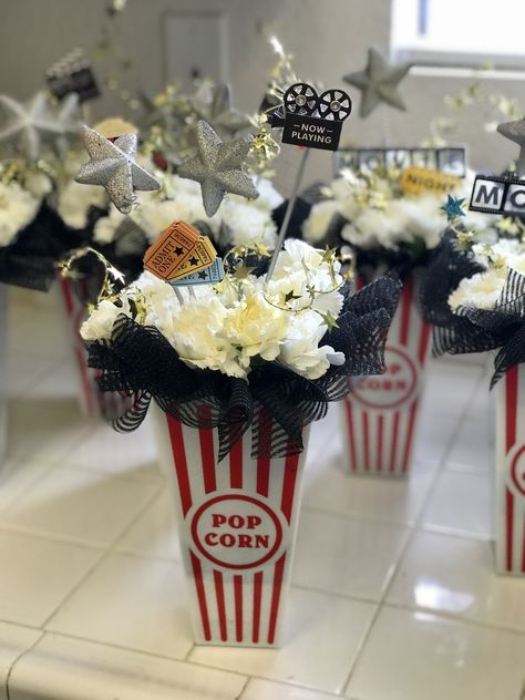 Popcorn Hollywood theme centerpiece Hollywood Red Carpet Centerpiece, Hollywood Themed Christmas Party, Movie Theme Centerpiece Ideas, Hollywood Prom Centerpieces, Movie Night Centerpiece Ideas, Hollywood Glam Centerpieces, Hollywood Themed Centerpieces, Hollywood Table Centerpieces, Hollywood Centerpieces Diy