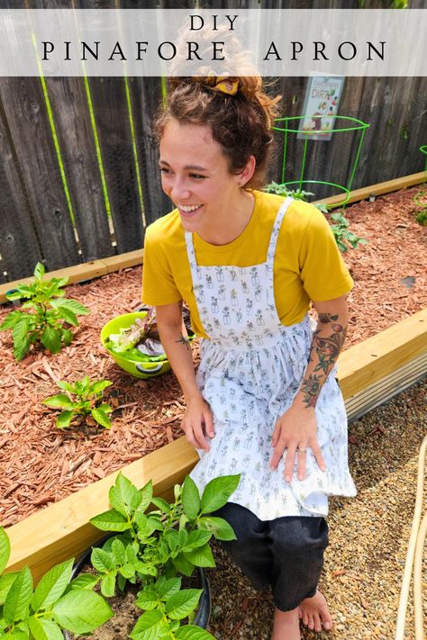 women in apron in the garden Diy Pinafore Apron, Pinafore Apron Pattern Free, Cross Back Apron Pattern Free, Diy Pinafore, Pinafore Apron Pattern, Timothy Bible, Cross Back Apron Pattern, Apron Pattern Free, Apron Pinafore