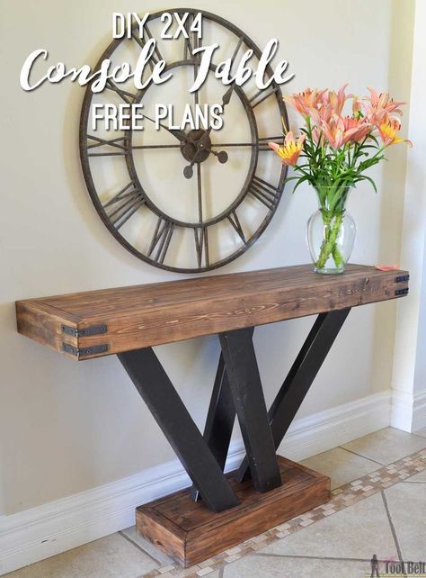 Build a rustic console table from simple 2x4 lumber. Free plans and building tutorial. 2x4 Lumber, Unique Console Table, Rustic Console Table, Rustic Console, Wooden Work, Rustic Console Tables, Free Woodworking Plans, Diy Holz, Free Plans