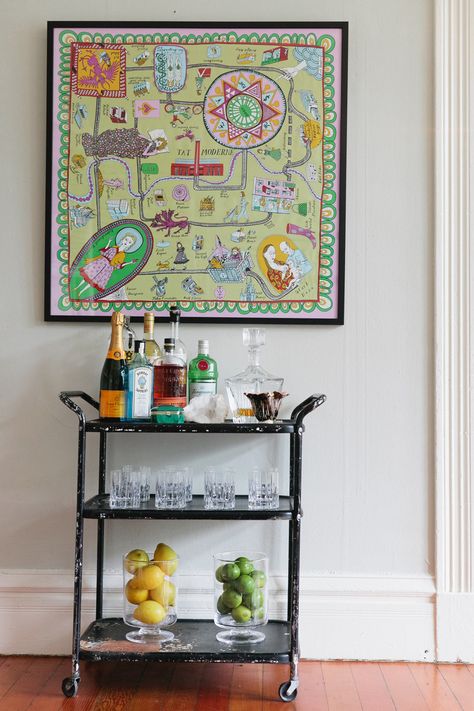 #bar-cart, #artwork  Photography: Josh Gruetzmacher Photography - joshgruetzmacher.com  Read More: http://www.stylemepretty.com/living/2013/09/09/margaret-elizabeths-home-tour/ Framed Scarf, Bar Cart Inspiration, Cart Bar, Vintage Bar Cart, Scarf Decor, Chic Apartment, Decorating Walls, San Francisco Houses, Bar Cart Styling