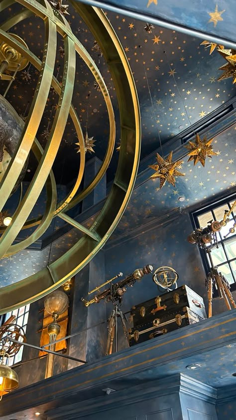 Hanging Stars Aesthetic, Stars Interior Design, Constellation Interior Design, Blue Ceiling Gold Stars, Astrology Themed Room, Celestial Ceiling Bedroom, Steampunk Astronomy, Astronomy Decorations, Zodiac Ceiling