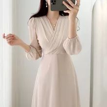 Long Sleeve Chiffon Dress, French Dress, Dress Korean, Korean Dress, Chiffon Long Sleeve, One Piece Dress, Elegant Dress, Womens Fashion Casual, Chiffon Dress