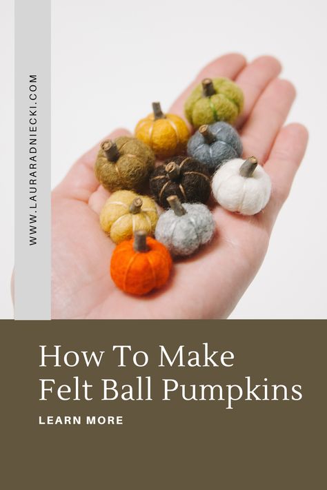 Learn how to make mini felt ball pumpkins for your DIY Fall decor this year. Easy to make, a great fall kids craft idea, and so cute! Mini Felt Pumpkins Diy, Wool Balls Crafts, Yarn Decorations Diy, Cute Halloween Fall Decor, Felted Acorns How To Make, Felt Fall Decorations, Waldorf Wool Crafts, Mini Fabric Pumpkins Diy, Felt Ball Decorations