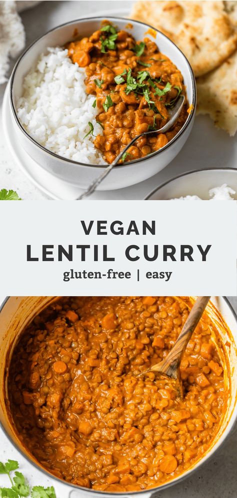 A vegan lentil curry with warm Indian spices! You will love this easy, one pot meal – the perfect plant based recipe for everyone to enjoy. Serve with rice and naan for a hearty meal. Whole 30 Lentil Recipe, Vegan Lentil Casserole Recipes, Meals With Lentils Dinners, Curry Lentil Recipes, Meals With Lentils, Lentil Rice Recipe, Vegan Lentil Curry, Lentil Soups, Vegan Lentil Recipes