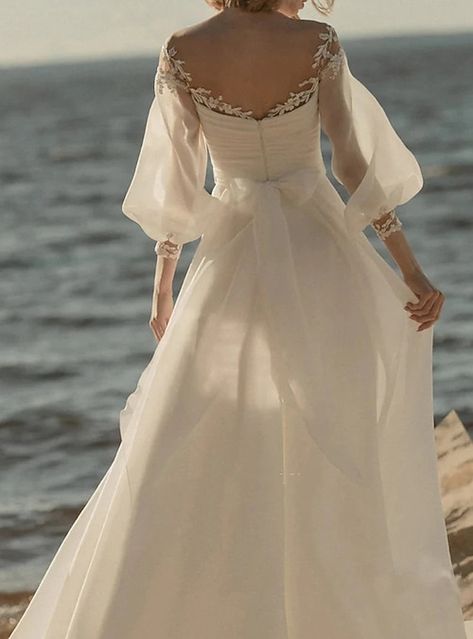 Wedding Dresses A Line, Organza Wedding Dress, Vintage Wedding Dresses, Bow Wedding Dress, Beach Vintage, Organza Wedding, Chiffon Wedding Dress, Back Wedding Dress, Guest Attire