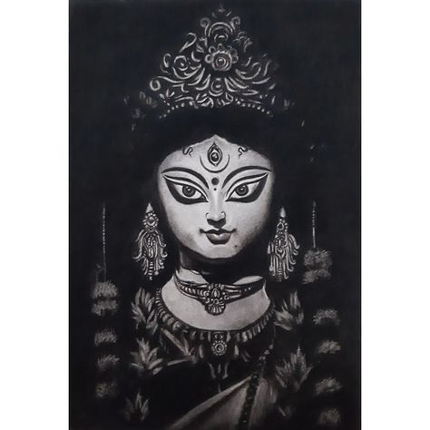 Drawing Of Durga Maa, Maa Durga Drawing, Durga Drawing, Black Paper Art, Charcoal Pencil, Maa Durga, Durga Maa, Graphite Pencils, Black Paper