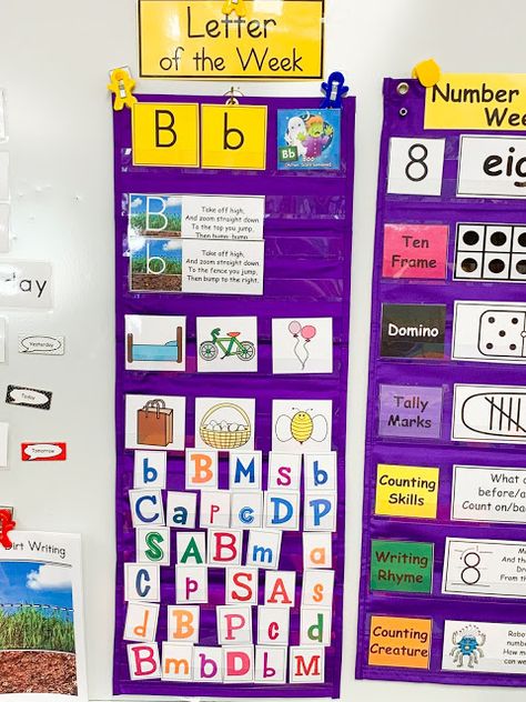 Pocket Charts In The Classroom, Letter Of The Day, Alphabet Recognition, Dramatic Play Preschool, Classroom Anchor Charts, Focus Wall, Preschool Arts And Crafts, Letter Of The Week, Teaching The Alphabet