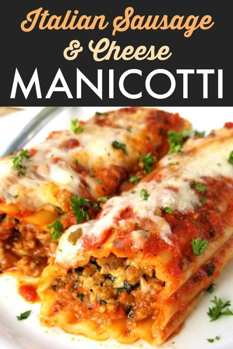 Italian Sausage & Cheese Baked Manicotti! An easy recipe for classic, meaty baked manicotti stuffed with Italian sausage and cheese. #manicotti Baked Manicotti, Manicotti Pasta, Cheese Manicotti, Manicotti Recipe, Italian Sausage Recipes, Italian Dinner Recipes, Cheese Baked, Italian Foods, Pasta Dinner Recipes