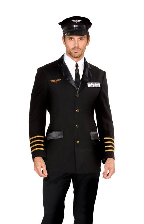 Dreamguy Men's Captain Mile High Pilot Hugh Jordan Costume, Black, Medium Flight Attendant Costume, Captain Costume, Pilot Costume, Pilot Hat, Pilot Uniform, Mile High Club, Airline Pilot, Up Costumes, Dress Up Costumes