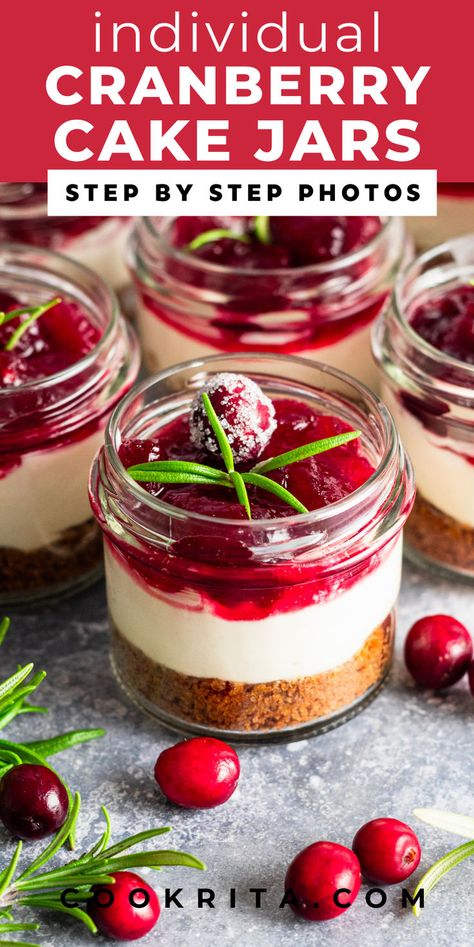 Enjoy a lightened-up version of cheesecake with these no-bake cranberry cheesecake jars. Simple to make and served in cute mason jars! #healthycheesecake #nobake #cranberrydessert #masonjarrecipes No Bake Cranberry Cheesecake, Mason Jar Cheesecake, Cookie Crumb Crust, Mason Jar Desserts Recipes, Sorority Christmas, Cheesecake Jars, Jar Desserts, Mason Jar Recipe, Crumb Crust