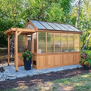 Backyard Discovery 11 ft x 7 ft Bellerose Traditional Greenhouse, Exterior and Interior Hose Hook-up, PowerPort and Foldable Shelves Cedar Greenhouse, Traditional Greenhouses, Attached Pergola, Outdoor Jobs, Green Houses, Wooden Arch, Backyard Greenhouse, Timber Beams, Greenhouse Kit