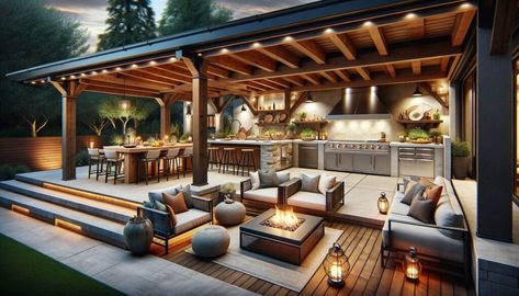 Backyard Covered Kitchen Ideas, Outdoor Kitchen And Entertainment Area, Outdoor Kitchen With Fireplace And Pool, Outdoor Pool Kitchen Ideas, California Outdoor Kitchen, Huge Outdoor Kitchen, Covered Patio With Outdoor Kitchen And Pool, Southern Outdoor Kitchen, Outdoor Kitchen And Living Space