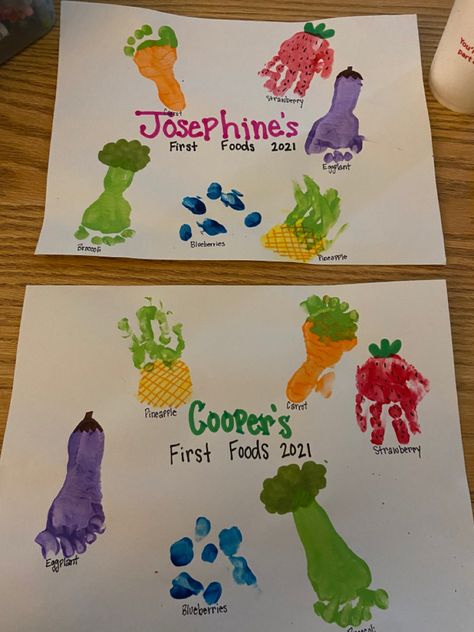 Infant Nutrition Activities, Veggie Handprint Art, Grape Footprint Art, Infant Food Activities, Handprint Garden Art, Handprint Fruits And Vegetables, Fruit Art For Infants, Vegetable Footprint Art, Banana Footprint Art