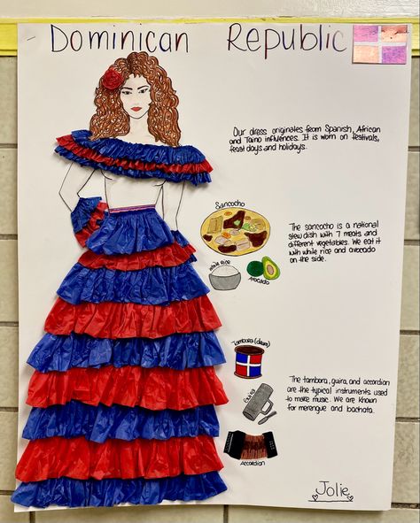 Dominican Spanish, Spanish Heritage Month Crafts, Dominican Drawings, Dominican Decor, Culture Day Outfits, Dominican Republic School Project, Heritage Doll School Project, Dominican Republic Bulletin Board, Culture Day At School Ideas