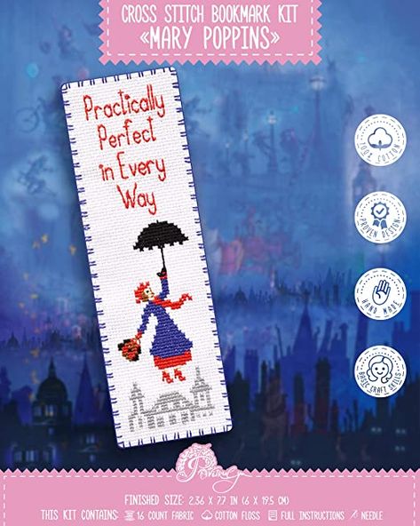 Mary Poppins Cross Stitch Pattern, Cross Stitch Bookmarks Disney, Mary Poppins Cross Stitch, Funny Cross Stitch Bookmark, Cross Stitch Bookmark Patterns Free, Cross Stitch Bookmark Patterns, Diy Embroidery Gifts, Movie Cross Stitch, Bookmark Diy