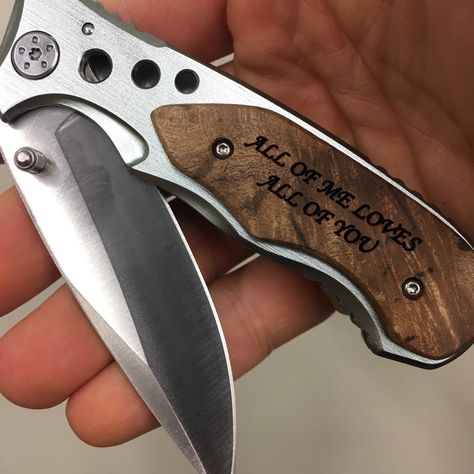 All of me loves all of you, your custom engraved saying on our wood handle pocket knives! Personalized Christmas gifts for men, laser engraved folding stainless steel pocket knife Custom Pocket Knife, Pocket Knife With Bottle Opener, Western Pocket Knife, Knife Stand, Engraved Knife, Engraved Pocket Knives, Stocking Stuffers For Men, Perfect Stocking Stuffers, Christmas Gifts For Men