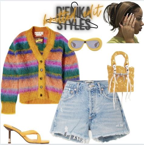 Dxnika Styles on Instagram: "Pushing your style out of your comfort zone . . . Cardigan - @endclothing Marni knit stripe mohair cardigan multicolour Shorts - @netaporter agolde Parker distressed denim shorts Glasses - @loewe inflated mask sunglasses in acetate Bag - @ottolinger1000 signature ceramic bag sunflower Shoes - @farfetch senso quipe crossover sandals #fashion #fashionstyle #virtualstylist #virtualstyling #virtualstyle #style #styleinspo #stylist #styling #styleinspiration #outfi Fit Layout, Sunflower Shoes, Ceramic Bag, Feminine Journey, Chic Fits, Virtual Outfits, Mask Sunglasses, 90s Clothes, Streetwear Styles