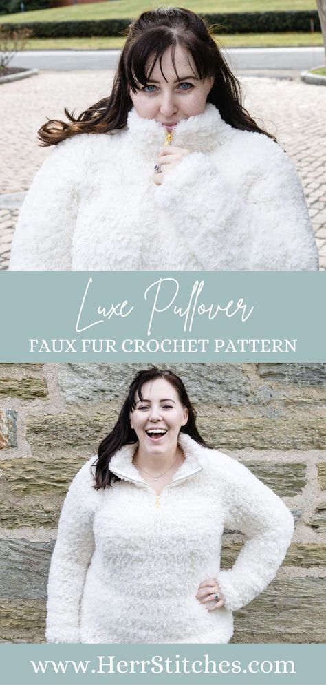 The Luxe Pullover, a snuggly crochet quarter zip that’s glamorous and, more importantly, cozy! It is a super unique garment that does not look like a crochet piece at all. This pullover brings elegance to any outfit, even the “Saturday morning grocery run” outfit. I hope you love your faux fur crochet pattern! It's sure to be your new favorite crochet project! Grocery Run Outfit, Run Outfit, Fur Crochet, Crochet Pullover Pattern, Fall Knitting Patterns, Crochet Pullover, Crochet Skirt Pattern, Fall Crochet Patterns, Fall Knitting