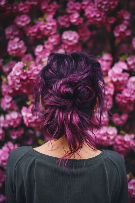 Peekaboo Hair Color Ideas, Tattoo Inner Arm, Peekaboo Hair Color, Purple Hair Color Ideas, Red Violet Hair, Peekaboo Hair Colors, Purple Hair Color, Magenta Hair, Dark Purple Hair