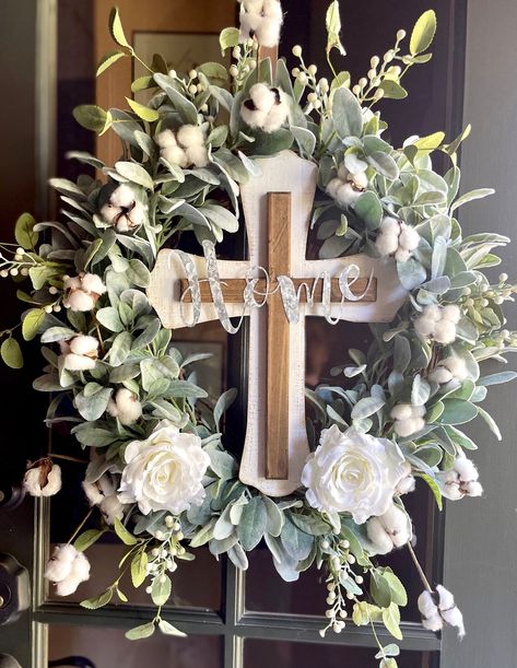 Easter Wreath Cross, Easter Floral Wreath, Christian Wreath, Easter Front Door, Religious Wreath, Easter Door Wreaths, Elegant Farmhouse, Large Farmhouse, Easter Wreath Diy