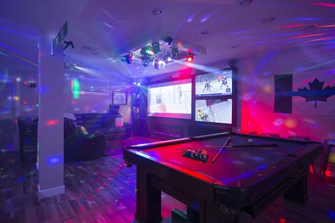 Garage Into Movie Room, Crazy Basement Ideas, Basement Ideas Party, Led Basement Lighting, Vibey Basement Hangout, Basement Party Setup, Aesthetic Basement Hangout, Teen Hangout Space Decorating Ideas, Basement Hangout Ideas Teen Lounge