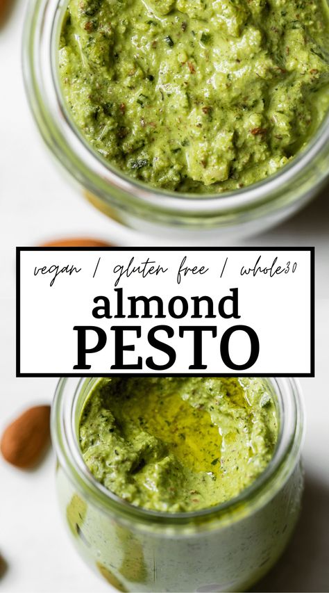 Easy ALMOND PESTO that's made with only 5 ingredients and is ready in 5 minutes! It's delicious on pasta, meatballs and with vegetables #pesto #almondpesto Easy Vegan Pesto, Vegan Pistachio, Vegan Pesto Recipe, Vegan Pesto Pasta, Vegan Sauce, Almond Pesto, Vegan Dips, Lemon Pesto, Healthy Sauces